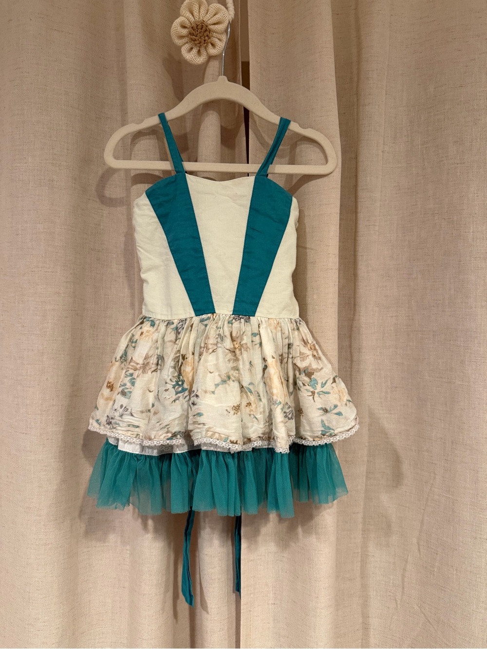 Well Dressed Wolf W.D. Wolf Teal & Cream Floral Fairy Tiered Tulle Dress 2T
